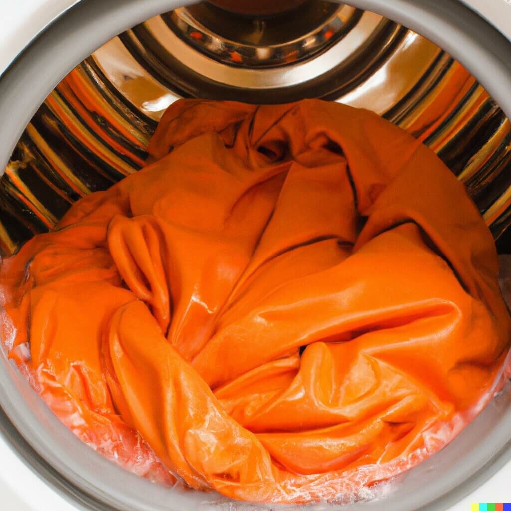 an orange comforter being washed in a washing machine